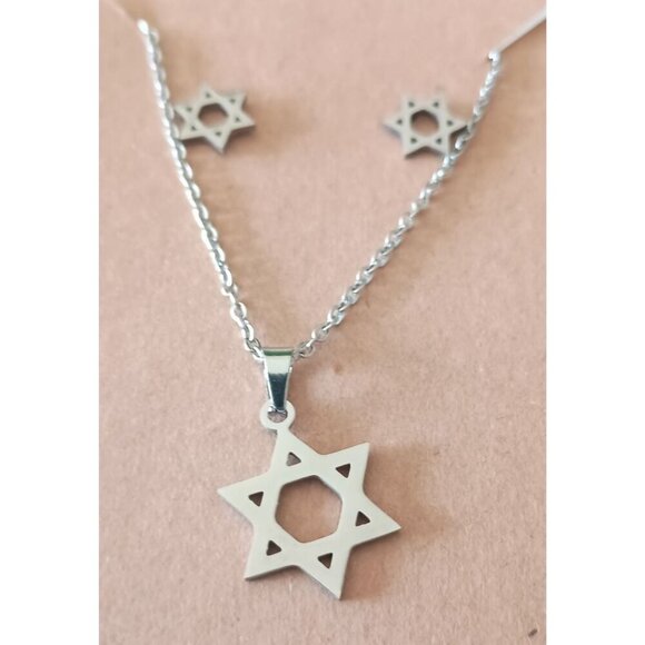 Star of David Stainless Steel 18" Necklace & Earring Set NEW Gift Box - Picture 1 of 2